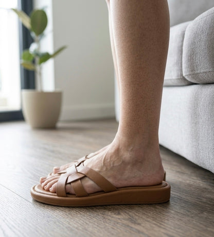 Person wearing a sandal on a wooden floor with a neutral background