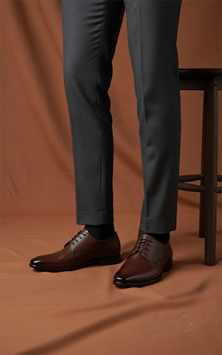 Dark gray pants and brown dress shoes on a brown background