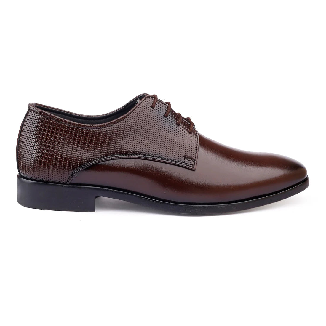Brown leather dress shoe on a white background