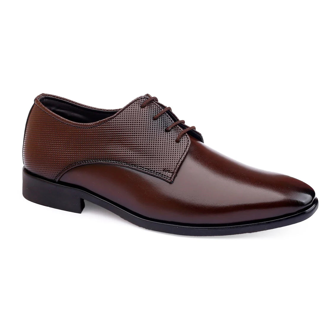 Brown leather formal dress shoe on a white background