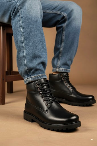 Person wearing black boots and blue jeans on a brown background