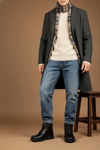 Man wearing a dark coat, light sweater, jeans, and black boots on a brown background