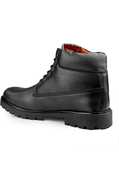 Black leather boot with orange lining on a white background