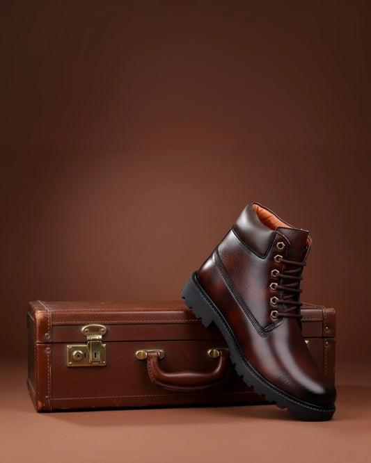 Brown leather boot and vintage suitcase on a brown background