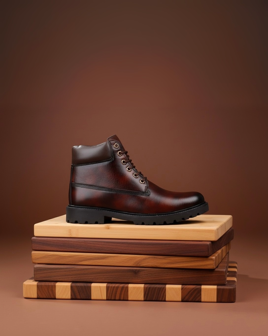 Brown leather boot on a stack of wooden cutting boards against a brown background