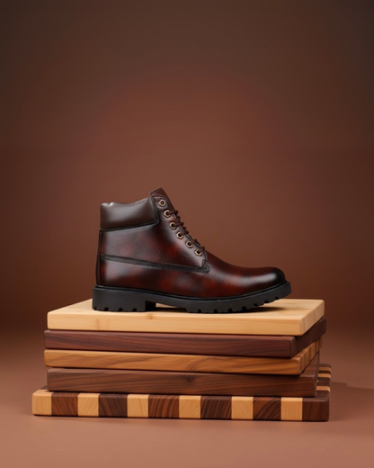 Brown leather boot on a stack of wooden cutting boards against a brown background