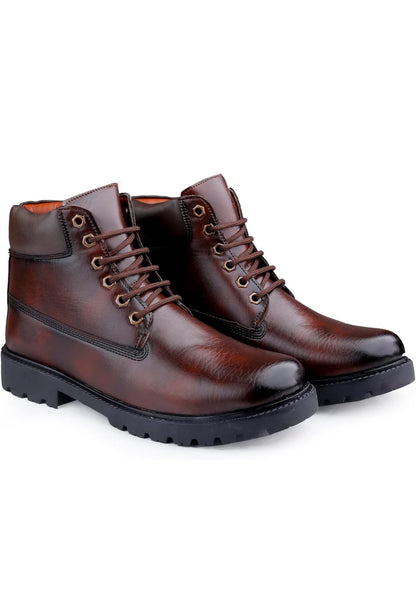 Pair of brown leather boots on a white background