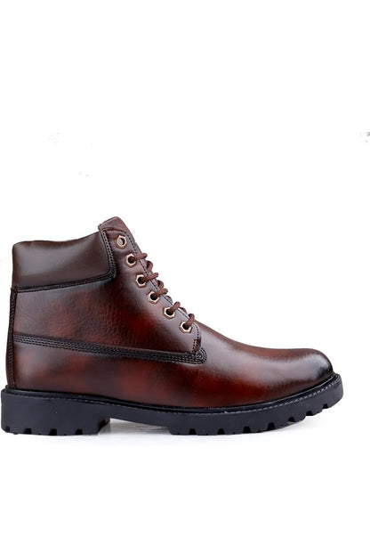 Brown leather boot with black sole on a white background