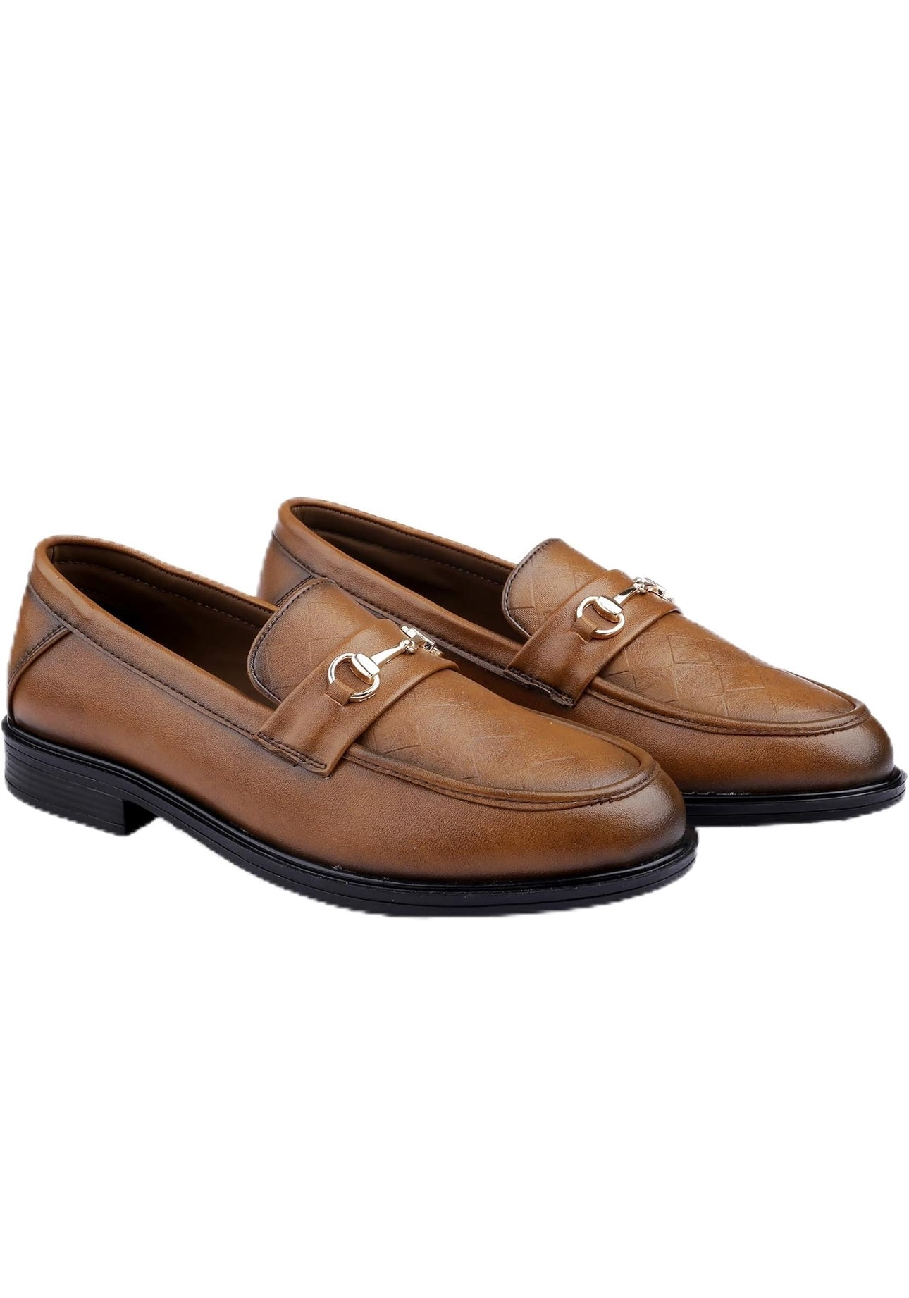 Pair of brown loafers with gold buckles on a white background