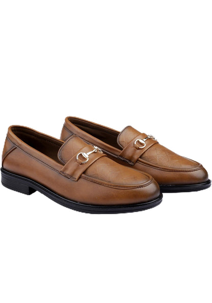 Pair of brown loafers with gold buckles on a white background
