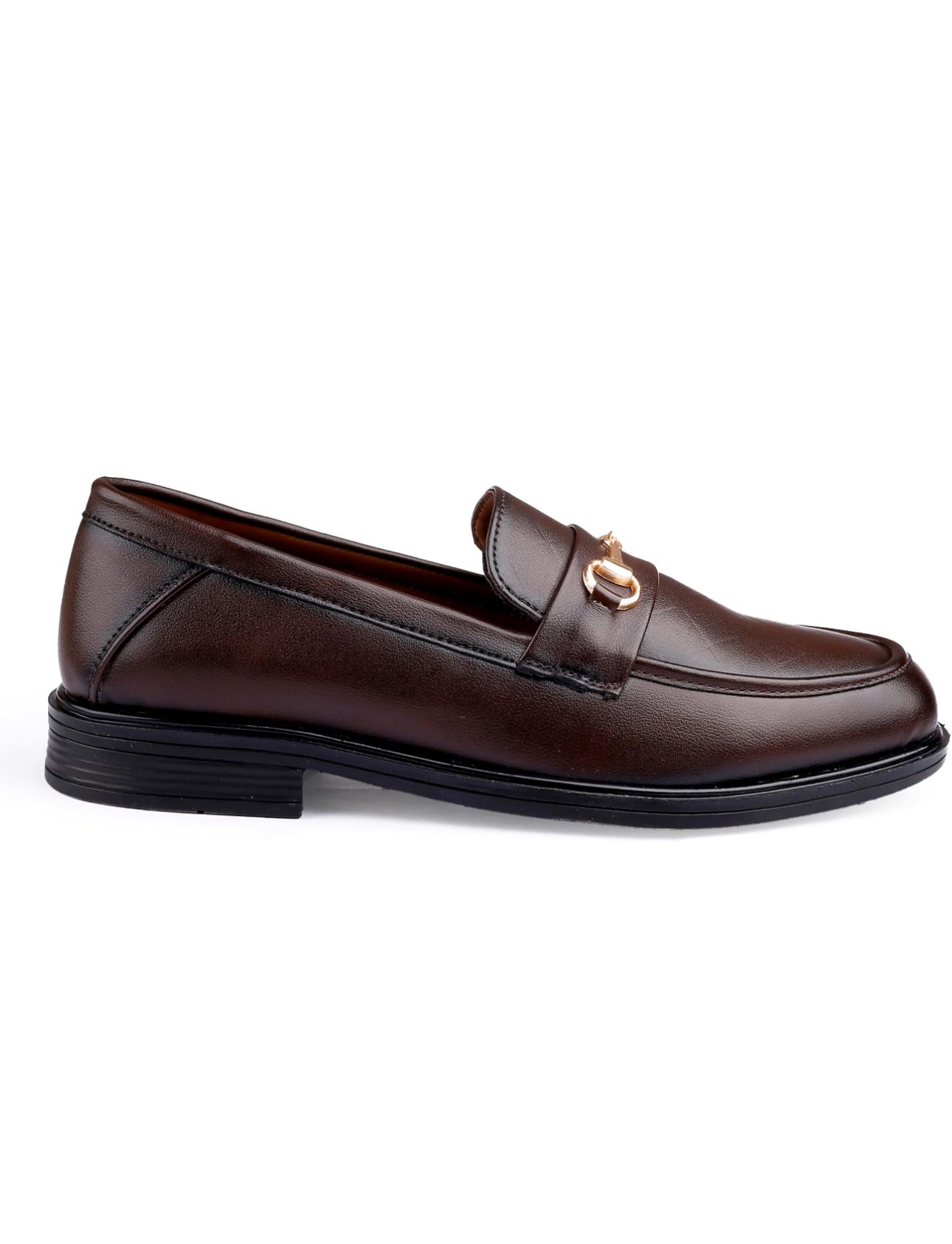 Brown loafer shoe with gold buckle on a white background