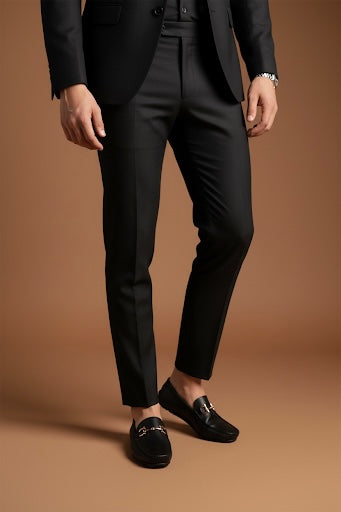 Person wearing a black suit and loafers on a brown background