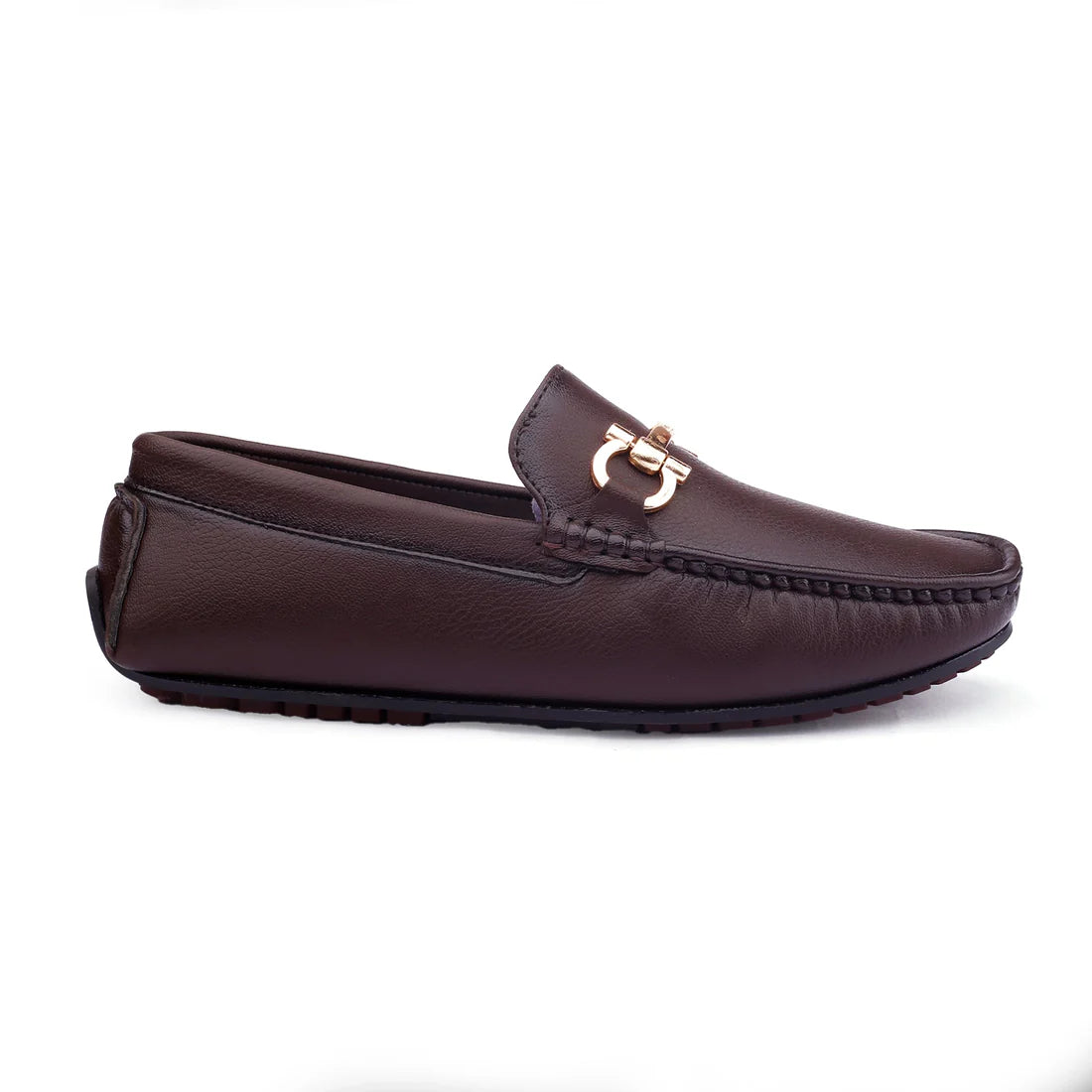 Pair of brown loafers with a gold buckle on a white background