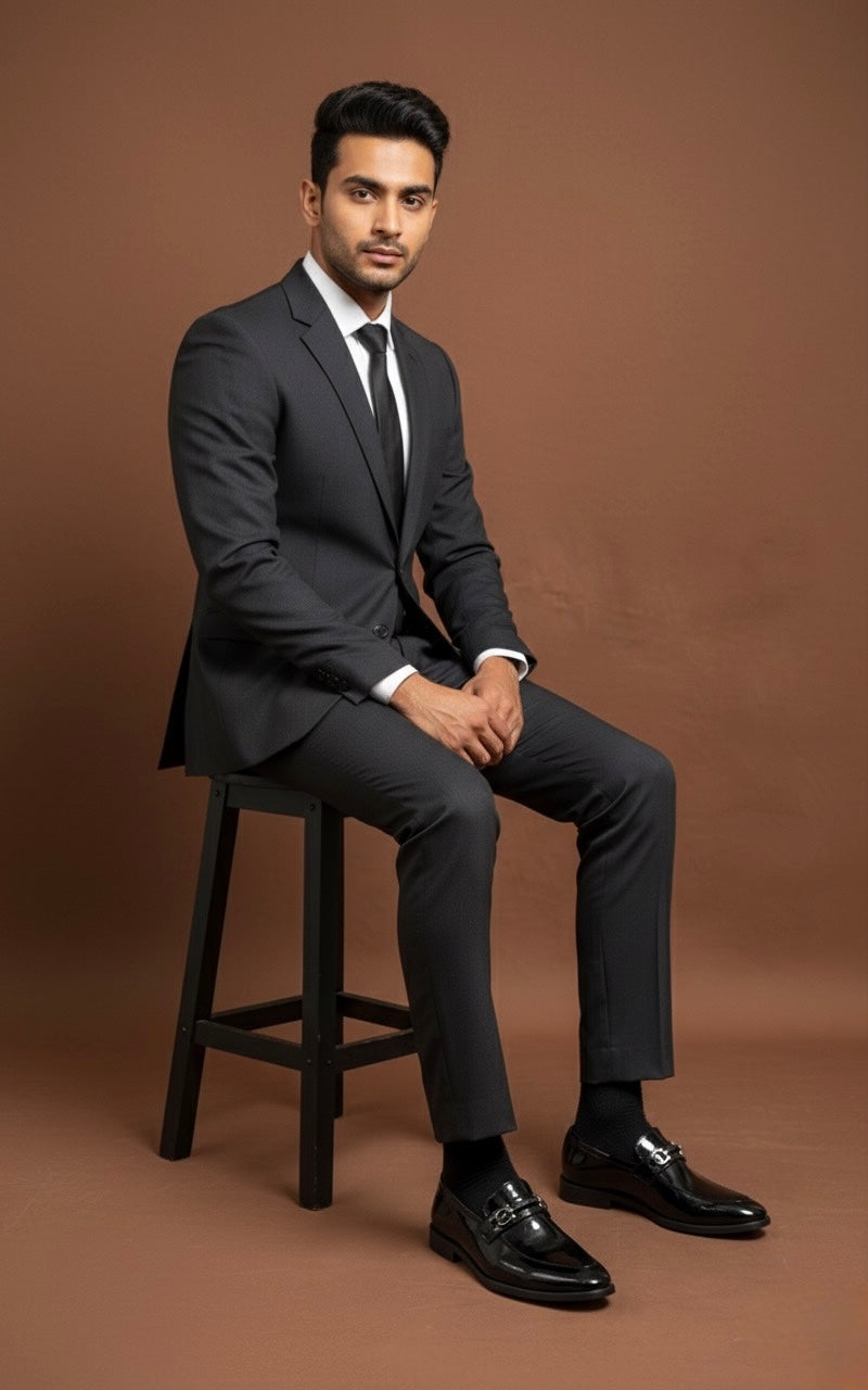 Man in a black suit sitting on a stool against a brown background