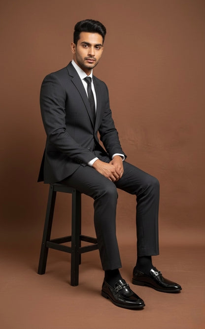 Man in a black suit sitting on a stool against a brown background