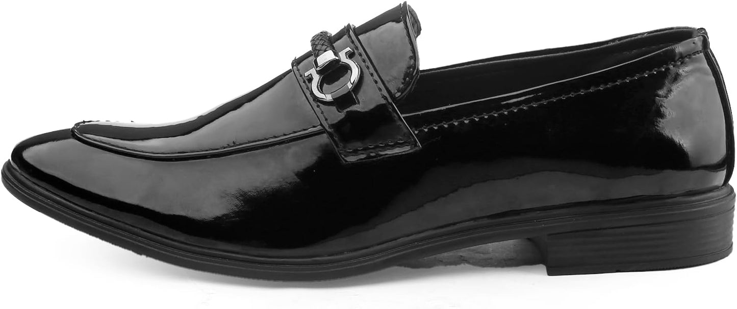 Black patent leather loafers side view on white background