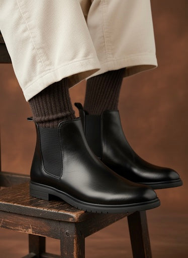 Black Chelsea boots worn with beige pants and dark socks on a wooden stool against a brown background