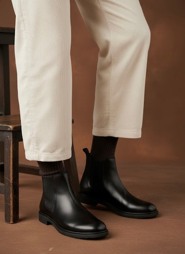 Person wearing black Chelsea boots and white pants on a brown background