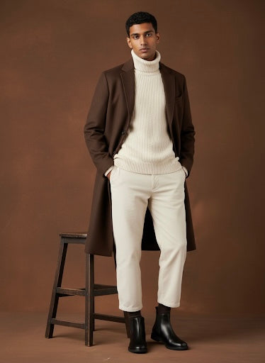 Man wearing a brown coat, white turtleneck sweater, white pants, and black boots against a brown background.