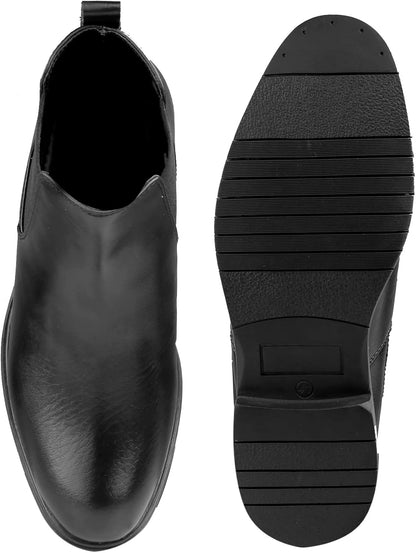 Black leather ankle boot shown from front and sole view on a white background