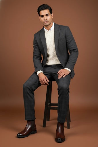 Man in a gray suit sitting on a stool against a brown background