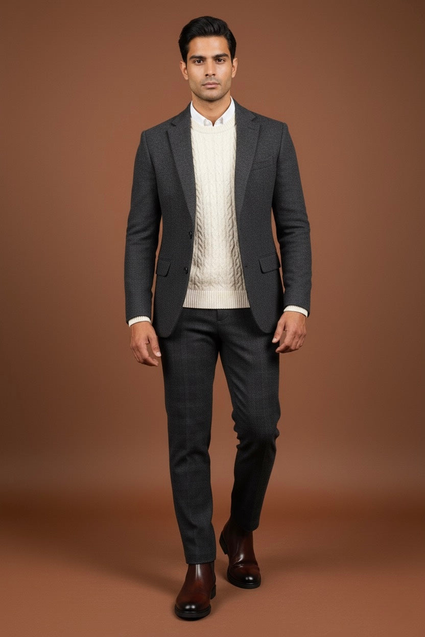 Man wearing a dark gray suit with a white shirt on a brown background