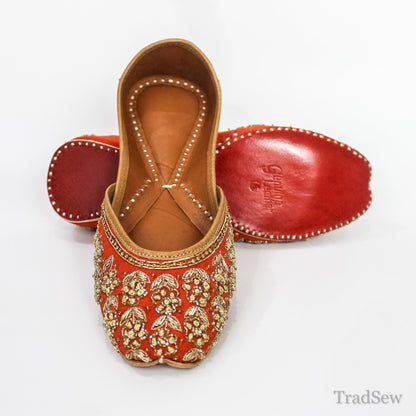 Traditional Red & Gold Ornate Leather Juttis by Tradsew