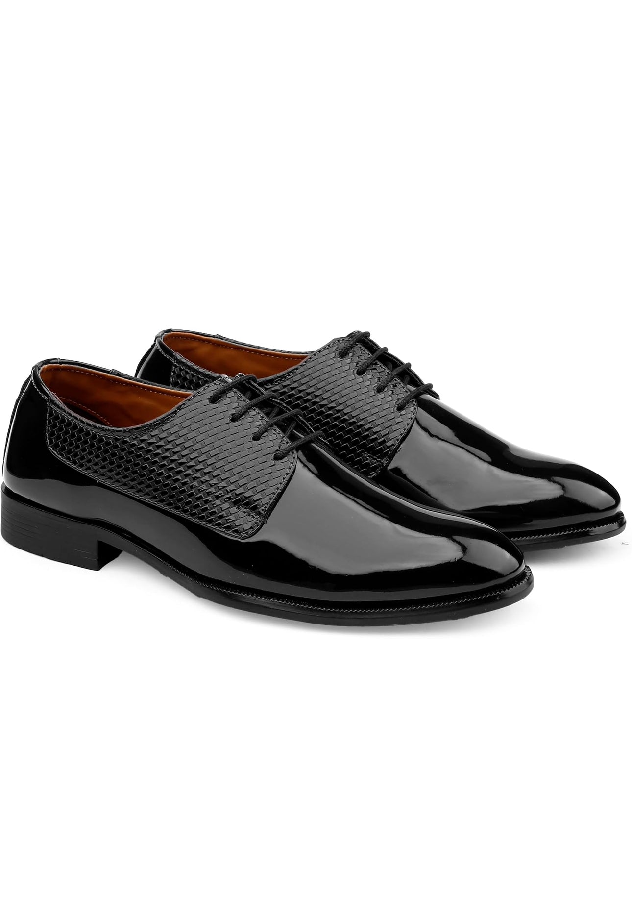 Black dress shoes with patent leather finish on a white background