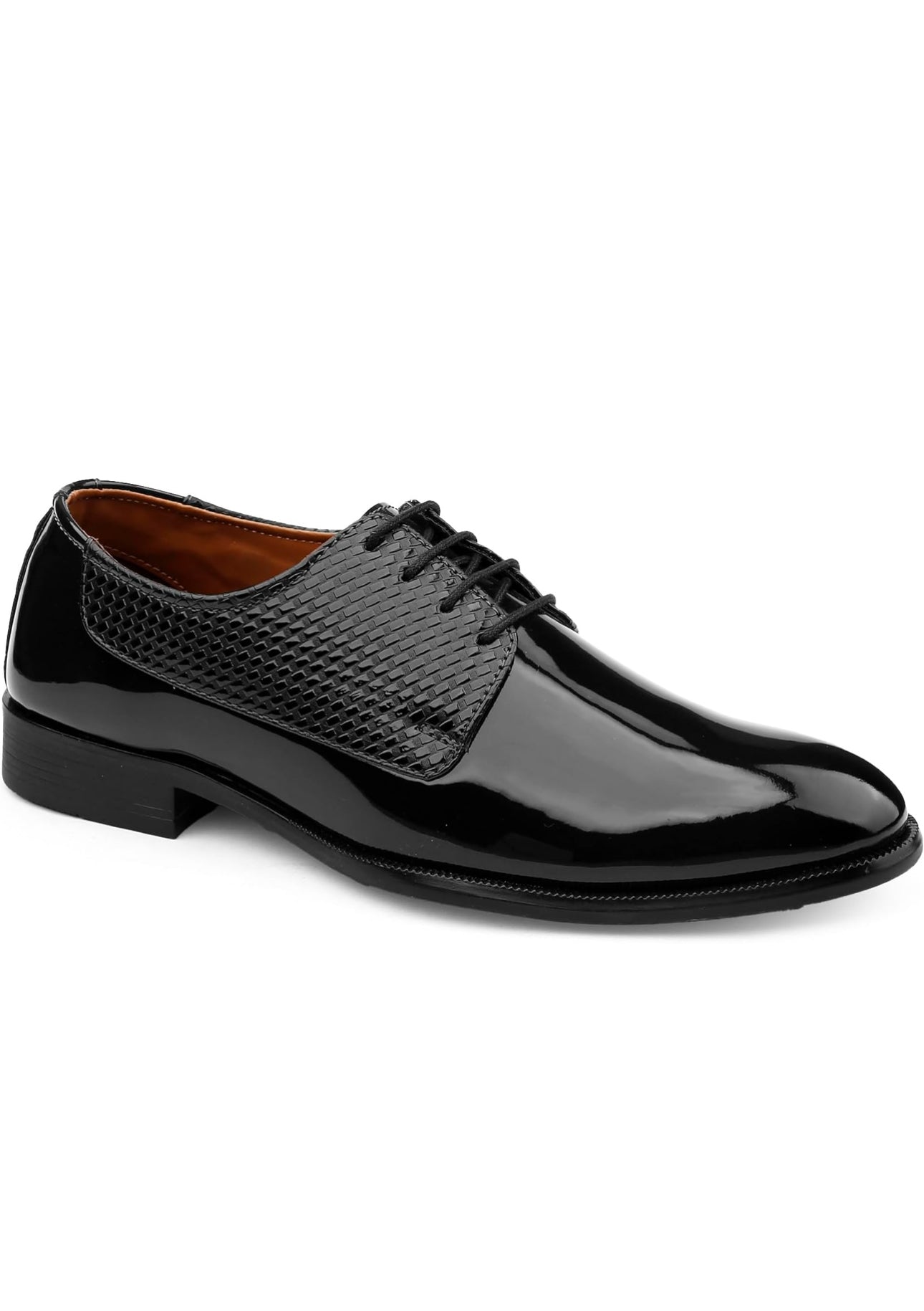 Black patent leather dress shoe on a white background