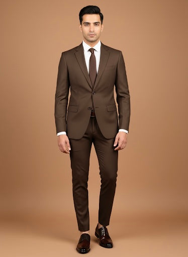 Man wearing a brown suit with a white shirt and brown shoes on a beige background