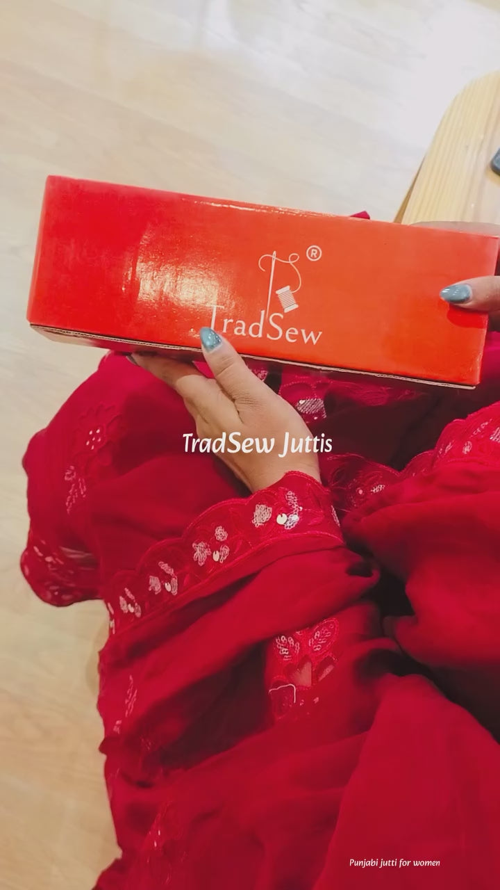Red Maroon Punjabi jutti for women with dabkawork embroidery