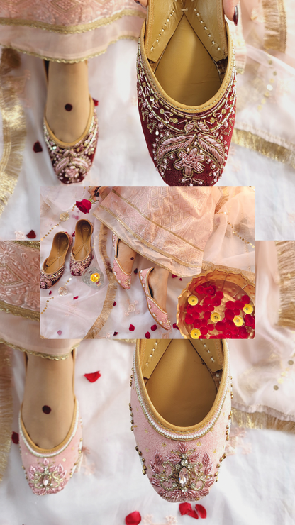 Bridal jutti for women -  pink velvet juttis for brides and bridesmaids - Tradsew